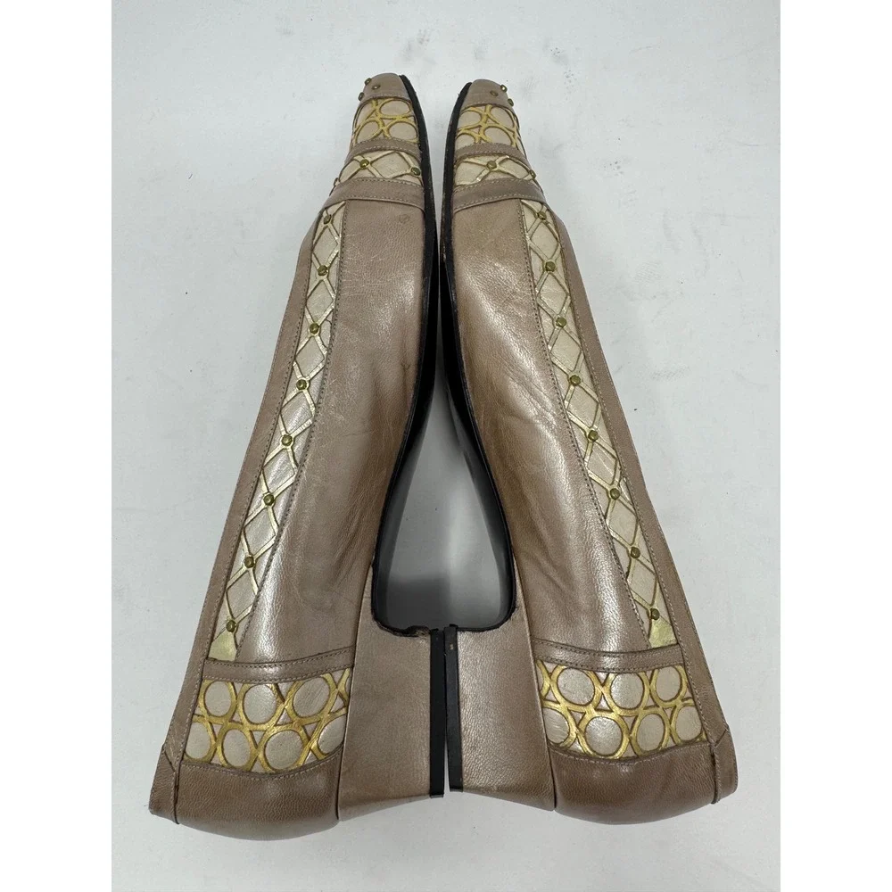 Margaret Jerrold Vintage Taupe Leather Gold Studded Low Wedge Pumps Heels 7.5 M